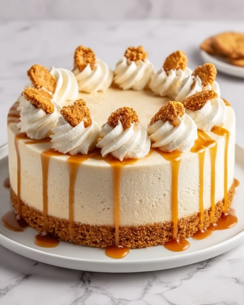 The image shows a round cake with three main layers: the bottom layer is a crumbly brown crust, the middle layer is creamy and light beige, and the top layer is decorated with smooth white swirls of frosting arranged in a circle along the edge. On top of each swirl, there is a small piece of golden brown cookie or biscuit. Caramel syrup is drizzled over the frosting and sides, dripping slightly down the cake’s edge. The cake sits on a white plate on a white marbled surface. Photo taken with an iphone --ar 4:5 --v 7