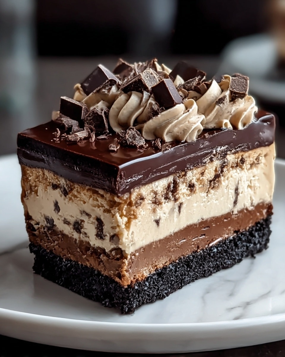 A close-up of a slice of layered dessert on a white plate with a white marbled texture underneath, showing three clear layers: the bottom is a thick, dark black crumbly crust; the middle is a light brown creamy layer with small dark chocolate bits mixed in; the top is a shiny, smooth dark chocolate glaze with swirls of light tan whipped cream decorated with various pieces of dark chocolate chunks spread evenly on top. steam is slightly rising from the dessert, making it look fresh and warm photo taken with an iphone --ar 4:5 --v 7