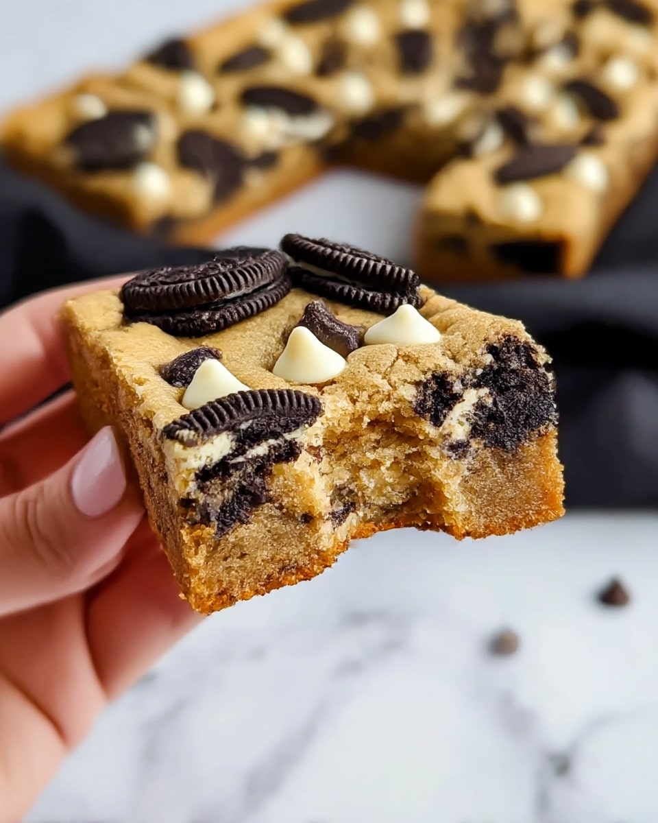 A close-up of a thick rectangular cookie bar held by a woman's hand shows layers of soft, golden-brown cookie dough mixed with chunks of mini chocolate sandwich cookies scattered inside and on top. The cookie bar has a slightly crumbly texture, and some white chocolate chips are visible within the dough. Part of the cookie bar has a bite taken out, revealing the inside with embedded chocolate cookie pieces and white chocolate chips. The background features a white marbled texture with a blurred piece of the same cookie bar and a black cloth. Photo taken with an iphone --ar 4:5 --v 7