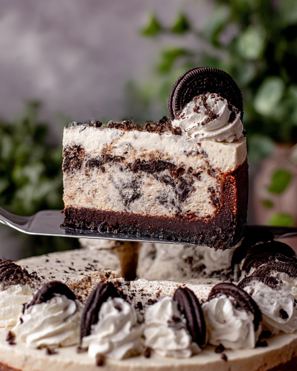 A slice of layered Oreo cheesecake is held above the rest of the cake on a silver server. The cake slice shows three main layers: a rich dark brown chocolate crust at the bottom, a thick middle layer of creamy white cheesecake mixed with crumbly Oreo pieces, and a top layer of light cookies and cream whipped topping with specks of crushed Oreo and small dark chocolate chips. On the very top edge of the slice, half of a whole Oreo cookie stands upright, surrounded by dollops of whipped cream sprinkled with chocolate chips. The whole cake below is decorated with similar swirls of whipped topping and halved Oreo cookies placed around the edge. The setting includes a white marbled surface and blurred green plants in the background. photo taken with an iphone --ar 4:5 --v 7