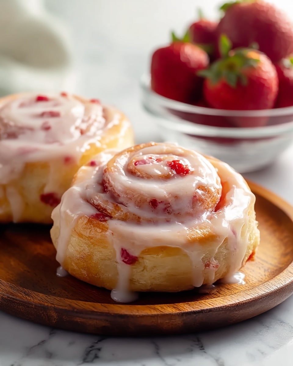 Two soft cinnamon rolls are placed on a round wooden plate, each roll featuring multiple spiraled layers of golden dough swirled tightly. A thick, white glaze with tiny red bits is generously spread over the top and sides, slowly dripping down, highlighting the texture and softness of the rolls. The red bits look like small pieces of strawberry mixed into the glaze, adding a touch of bright color against the white icing and light brown bread. In the background, there is a clear glass bowl filled with fresh strawberries, slightly out of focus, resting on a white marbled surface that adds a clean and elegant touch to the scene. photo taken with an iphone --ar 4:5 --v 7