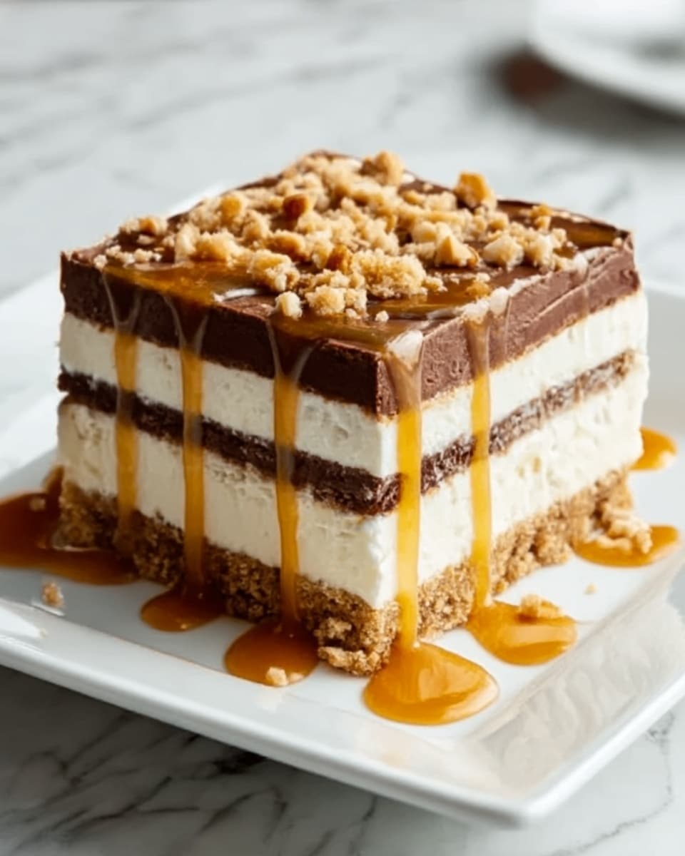 The image shows a square layered dessert on a white square plate. The bottom layer is a light brown crumbly crust, followed by a thick white creamy layer. Above that is a dark brown chocolate layer, topped with another white creamy layer of similar thickness. The dessert is drizzled with a golden caramel sauce that flows down the sides, with small crushed nut pieces sprinkled on top. The plate sits on a white marbled surface. Photo taken with an iphone --ar 4:5 --v 7