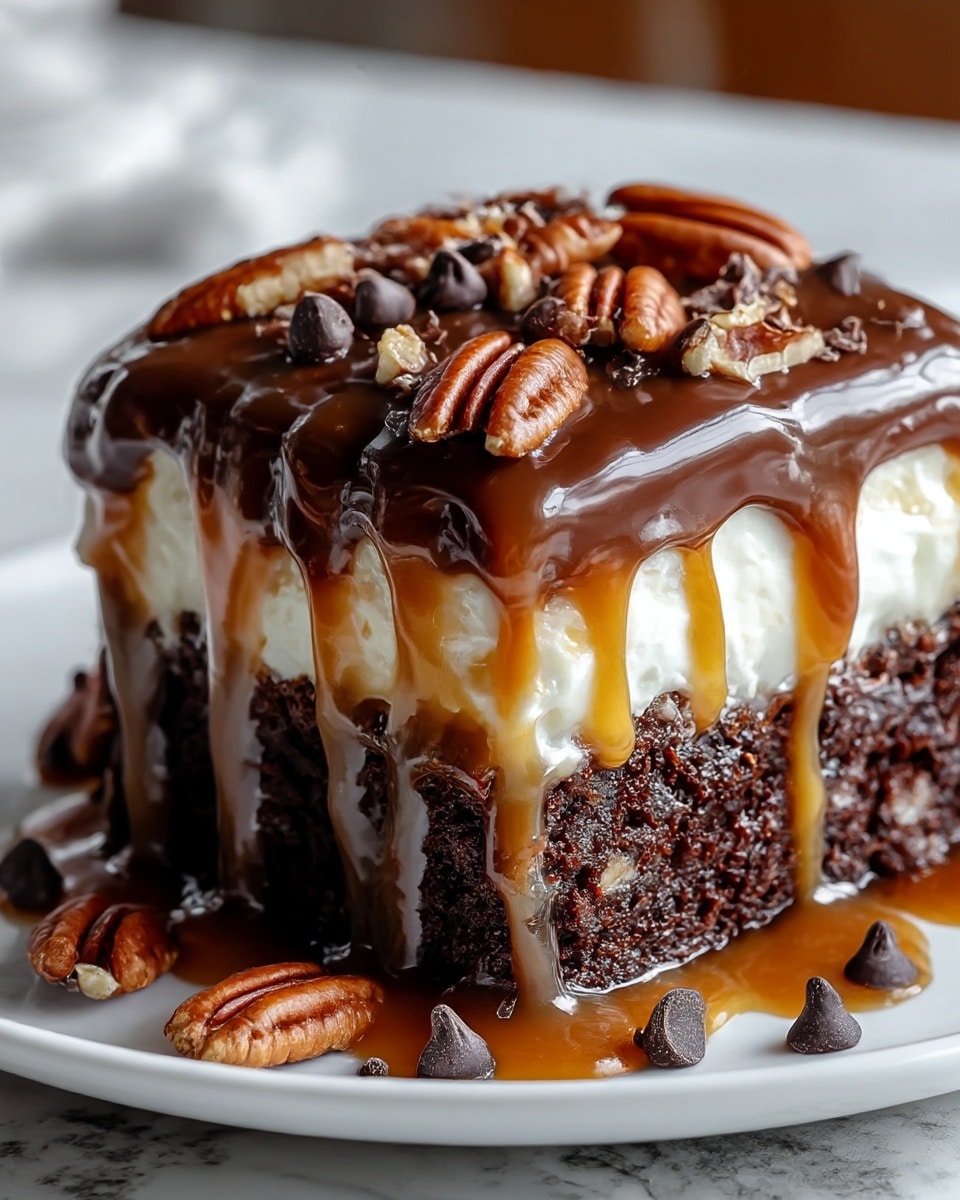 This dish is a close-up view of a rich, multi-layered dessert square placed on a white plate over a white marbled texture. The bottom layer is a dark, moist chocolate cake with a rough texture. Above this is a smooth white cream layer, topped with a shiny caramel layer that drips down the sides. Covering the caramel is a thick, glossy chocolate icing flowing over the top. The dessert is garnished with whole pecans and dark chocolate chips scattered on top and around the base. The shiny, thick sauces and nuts give it a rich, indulgent look. Photo taken with an iphone --ar 4:5 --v 7