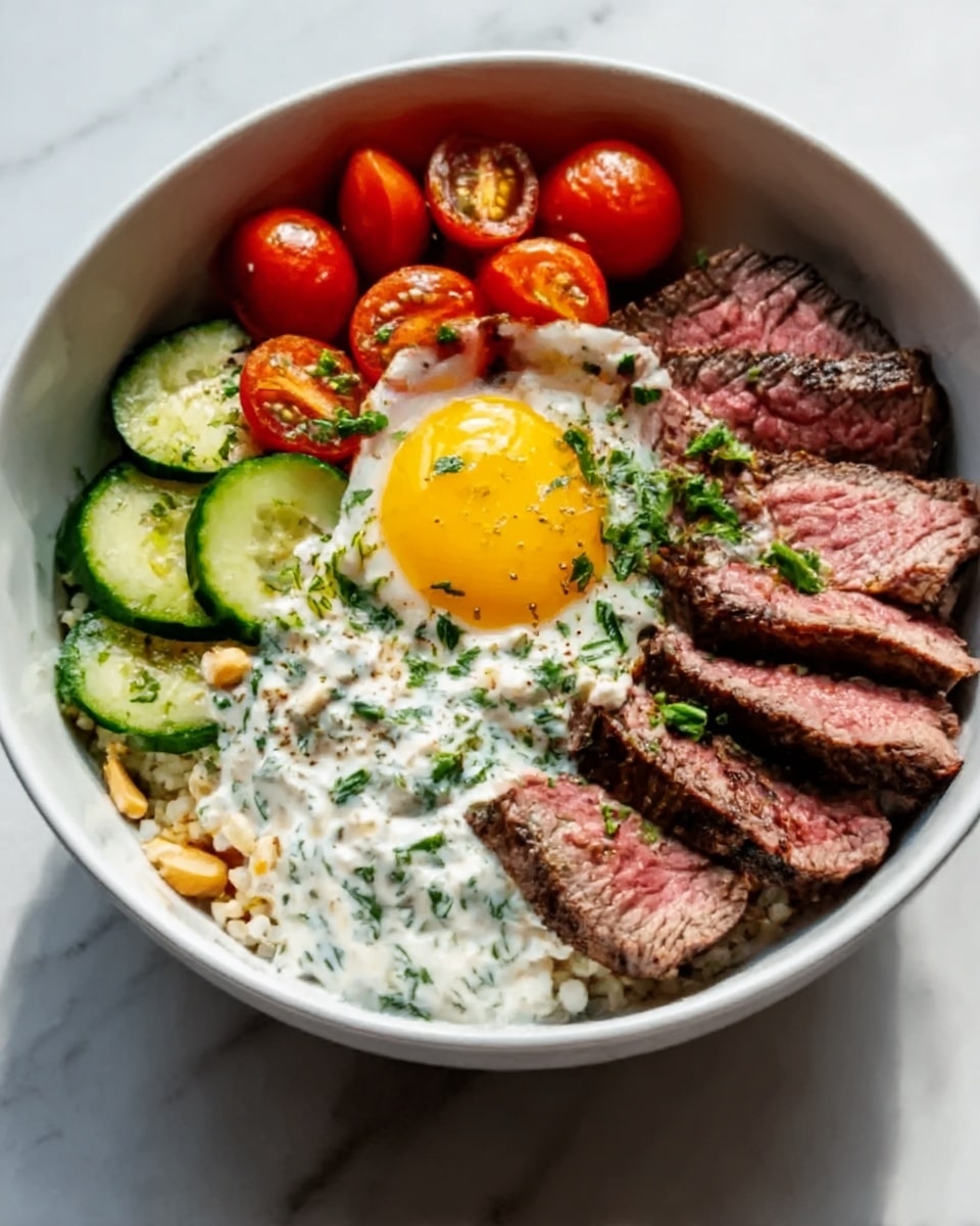 A white bowl sits on a white marbled surface, filled with a colorful layered dish. On one side, there are sliced pieces of cooked steak showing a pink center and brown edges. Next to the steak are grilled red cherry tomatoes and sliced green cucumber pieces. In the middle, there is a creamy white sauce with green herbs mixed in, topped with a fried egg with a bright yellow yolk. Small bits of white grains or chopped nuts can be seen beneath the toppings, completing the bowl. photo taken with an iphone --ar 4:5 --v 7