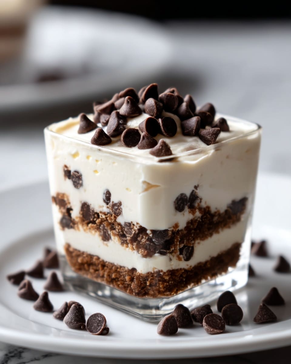 A square glass cup filled with a layered dessert featuring four visible layers: the bottom layer is a dark brown crumbly base, above it is a thick white creamy layer mixed with small dark chocolate chunks, followed by another dark crumbly layer with a few visible chocolate bits, topped with a smooth white cream and crowned with many dark chocolate chips scattered on the surface. The glass cup sits on a white plate with some chocolate chips around its base, all placed on a white marbled background. Photo taken with an iphone --ar 4:5 --v 7