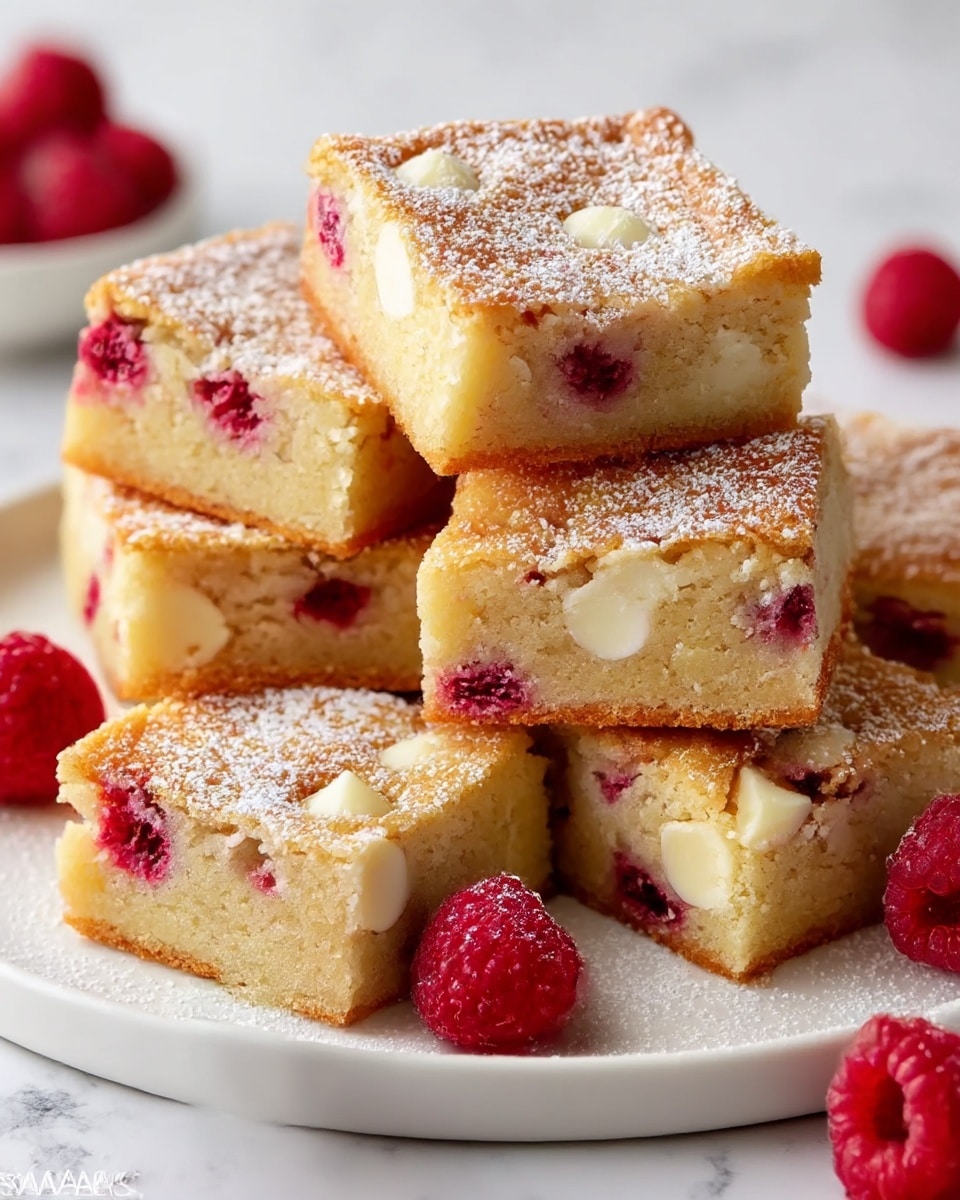 The image shows several square slices of a golden-brown baked dessert with visible red raspberry pieces and white chocolate chips embedded inside. The dessert has two main layers: a slightly crisp and light brown top layer with a soft, moist-looking pale yellow base layer dotted with red raspberries and white chocolate bits. The pieces are stacked casually on a white plate with a few fresh raspberries scattered around. The dessert squares are dusted lightly with powdered sugar, adding a soft white contrast to the warm tones. The scene is set on a white marbled surface, enhancing the bright and fresh look of the dessert. photo taken with an iphone --ar 4:5 --v 7