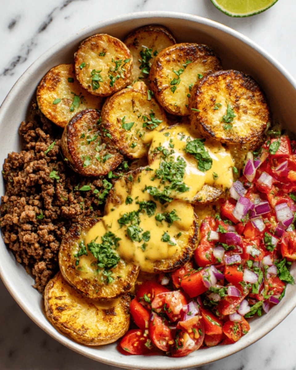 A white bowl filled with a layered dish showing four main sections: on the left, brown cooked ground meat with some green herbs sprinkled on top; next to it, around six golden-brown round slices of roasted potatoes with a slightly crispy texture and green herbs; in the center, a creamy yellow sauce drizzled over some potatoes, topped with small herb pieces; on the right, a bright red tomato salad mixed with finely chopped purple onions and bits of green cilantro, creating a fresh, colorful contrast. The bowl sits on a white marbled surface, and a lime wedge is partly visible at the top. Photo taken with an iphone --ar 4:5 --v 7