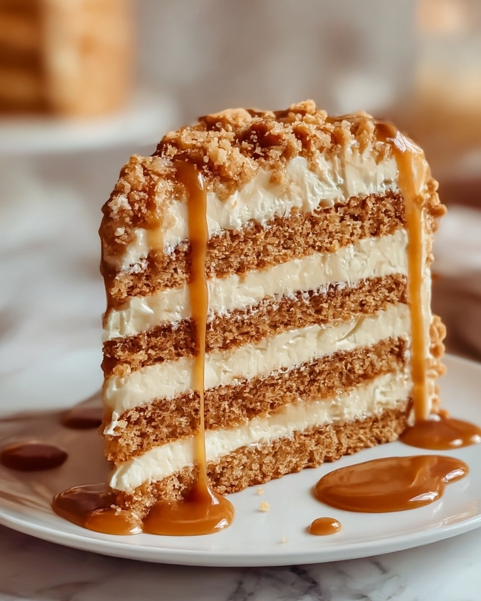 A close-up view of a slice of layered cake on a white plate set on a white marbled surface, showing four layers of light brown cake with three thick layers of creamy white frosting between them. The top layer of the cake is covered with a crumbly topping that matches the cake’s color and a smooth caramel drizzle flowing slightly down one side of the slice. There is more caramel sauce dolloped and spread on the plate near the cake, adding a shiny contrast to the soft textures of the cake and frosting. The background is softly blurred, focusing all attention on the luscious cake slice. photo taken with an iphone --ar 4:5 --v 7
