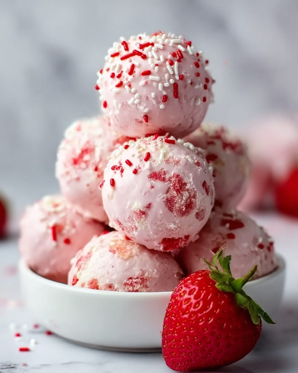 The image shows a stack of six round pink dessert balls with white and red sprinkles, placed in a white bowl sitting on a white marbled surface. Each ball looks smooth and coated, with a creamy texture and bits of crushed red and white pieces on the surface. A whole fresh red strawberry rests at the base of the bowl, adding a bright contrast. The light is soft and natural, highlighting the colors and textures. photo taken with an iphone --ar 4:5 --v 7