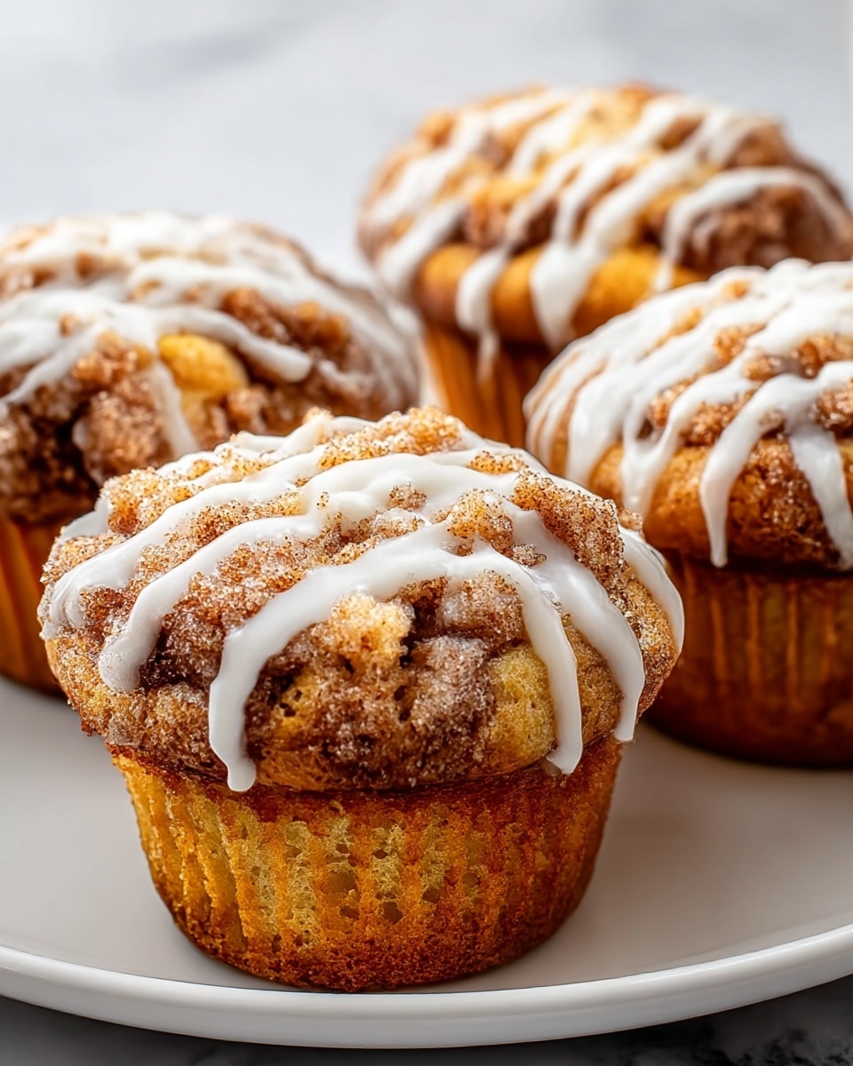The image shows a close-up of four muffins on a white plate, placed on a white marbled surface. Each muffin has a golden brown bottom layer with a soft, crumbly texture, and a top layer that is darker with cinnamon swirls and pieces of crumbly streusel creating a rough texture. White icing is drizzled over the top of each muffin, adding a smooth, shiny contrast to the rough cinnamon topping. The muffins look moist and fresh, with the top layer uneven and thick, highlighting the cinnamon sugar mixture. photo taken with an iphone --ar 4:5 --v 7