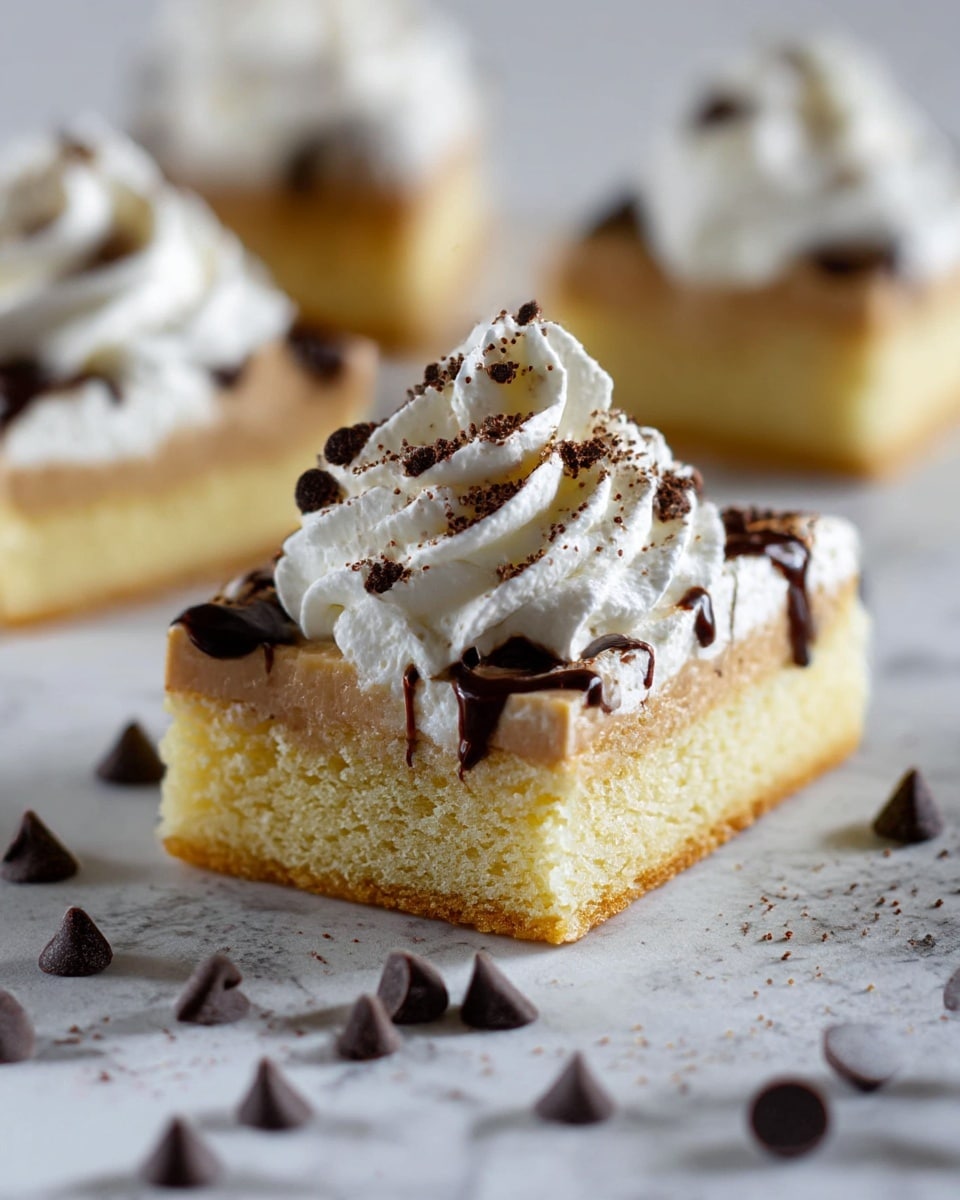 The image shows a close-up of a rectangular dessert bar with three visible layers, placed on a white marbled surface. The bottom layer is a soft, light yellow sponge cake with a slightly crumbly texture. Above it is a creamy, smooth layer of light brown caramel. The top layer consists of a generous swirl of white whipped cream, sprinkled with small chocolate chips and fine chocolate crumbs. A drizzle of dark chocolate sauce is applied over the whipped cream and the caramel, adding a glossy texture. Additional chocolate chips are scattered around the dessert on the white marbled surface. In the background, slightly out of focus, are more identical dessert bars. photo taken with an iphone --ar 4:5 --v 7