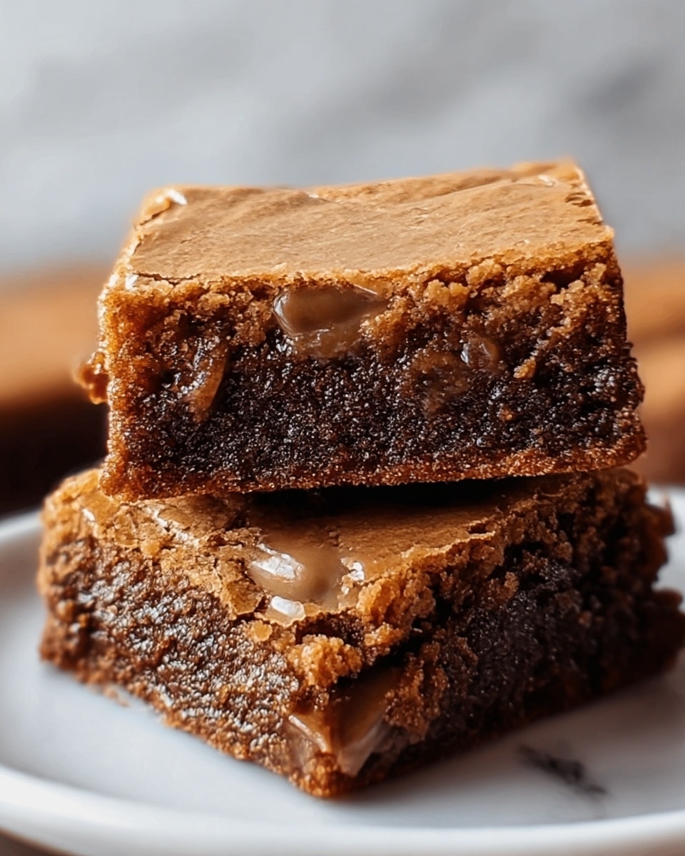 Two rich brown brownies are stacked on a white plate, with the top brownie showing a soft, moist inside and a light, slightly cracked crust on top. The edges are crumbly with a darker brown exterior, and the texture looks fudgy and dense. The white plate rests on a white marbled surface, creating a simple but appealing setting. photo taken with an iphone --ar 4:5 --v 7