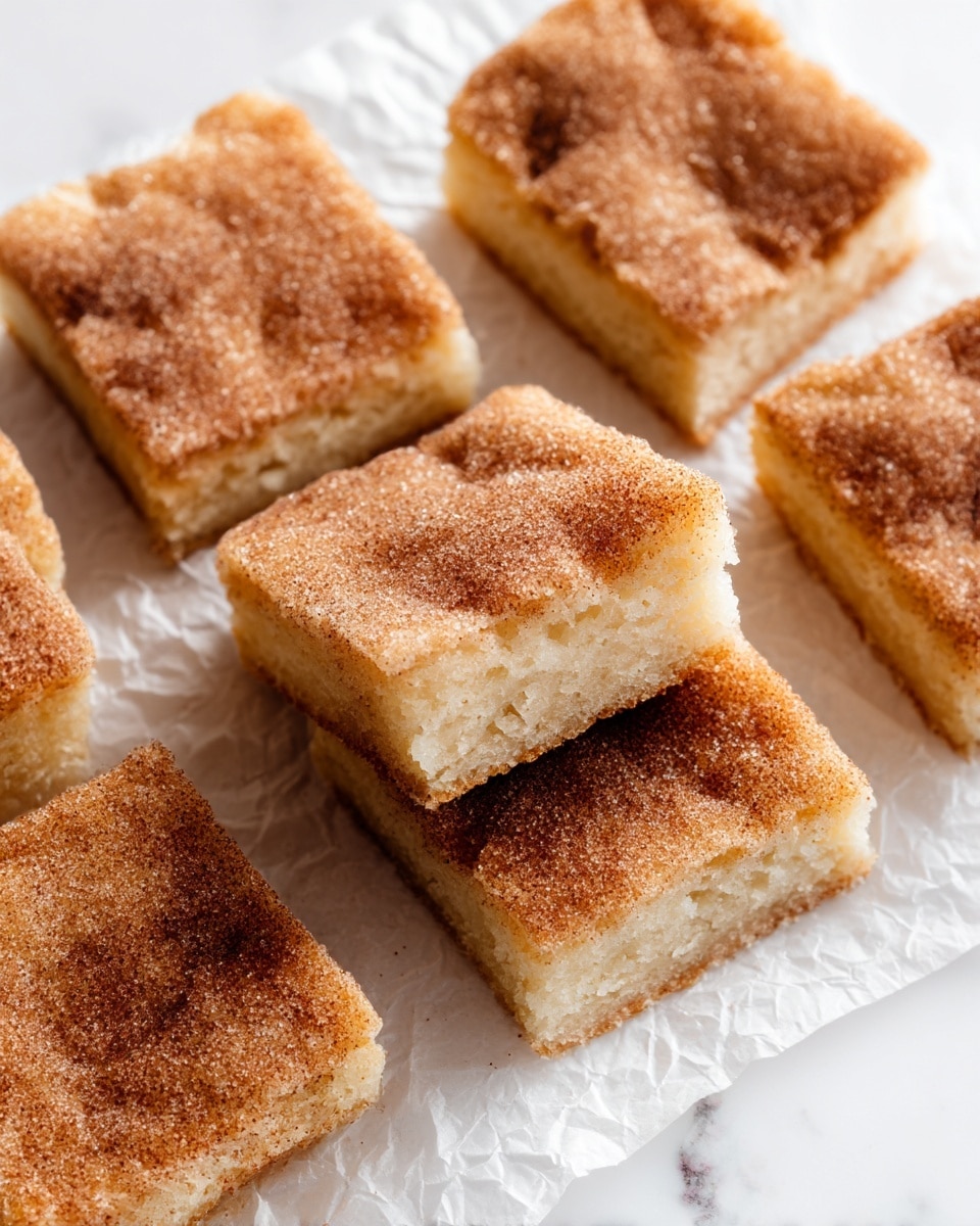 The image shows several square pieces of soft cake with a light golden base layer that has a delicate crumb texture. On top of each square is a generous layer of cinnamon sugar, giving a grainy texture in shades of brown and light tan. The squares are slightly uneven on top, showing softness in the cake, arranged closely together on a crumpled white parchment paper that rests on a white marbled surface. The overall look is warm and inviting with a simple, fresh-baked appearance. photo taken with an iphone --ar 4:5 --v 7