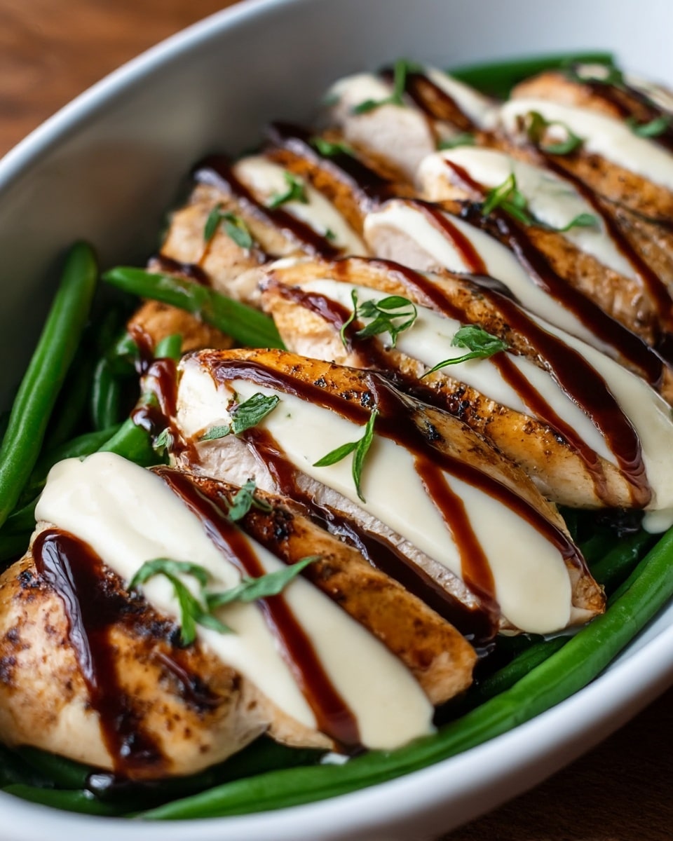 The dish shows several pieces of grilled chicken breast arranged side by side in a white oval bowl on a bed of green beans. Each piece of chicken has three thick, white lines of creamy sauce on top, alternating with three dark brown drizzled lines of balsamic glaze or similar sauce. Small green herb leaves are sprinkled over the chicken, adding a pop of color. The chicken is cooked with a golden brown color and slight black grill marks. The green beans underneath are fresh and bright, providing a strong green base. photo taken with an iphone --ar 4:5 --v 7