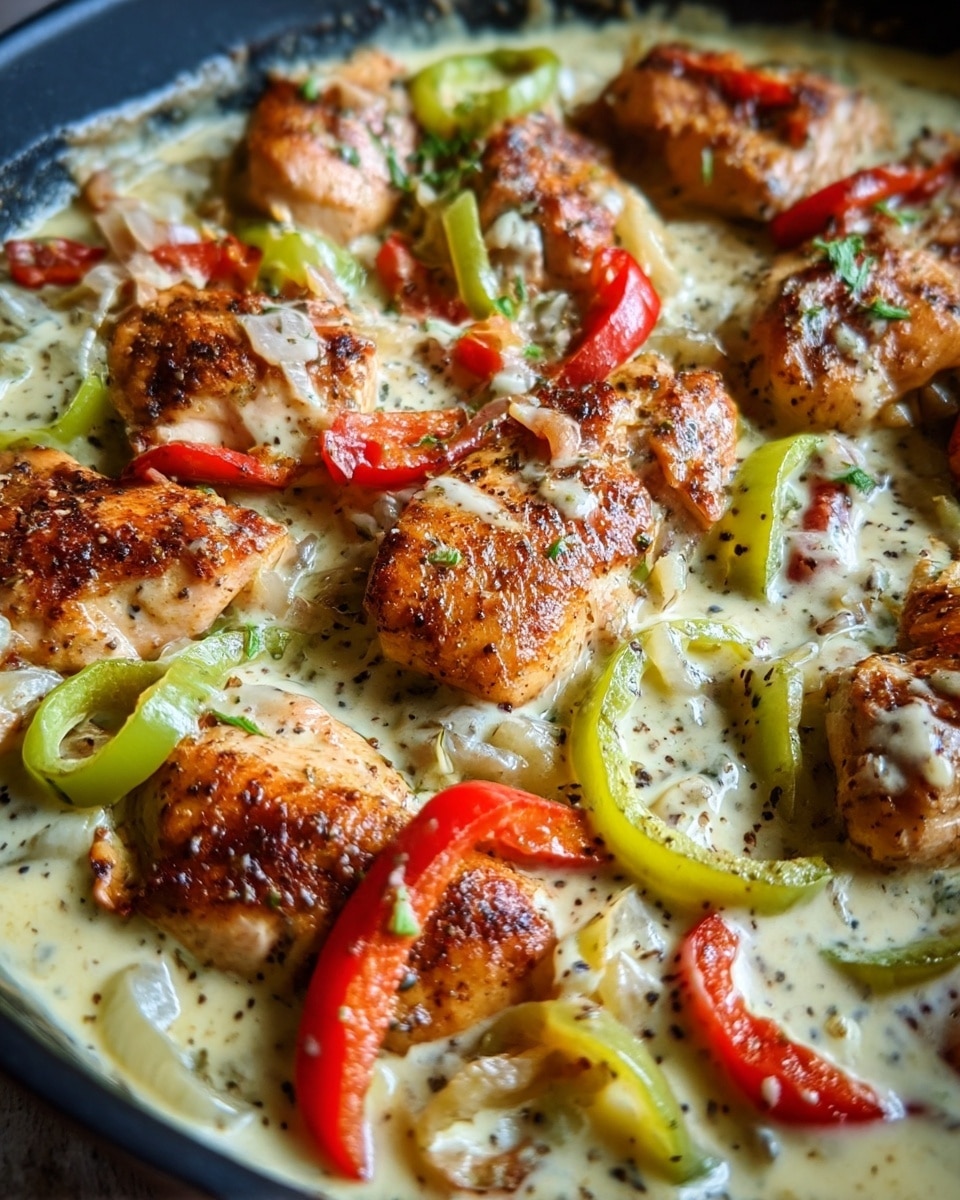 The image shows a cooked dish in a black pan featuring several browned, seasoned chicken pieces scattered across the pan; these pieces have a warm brown, slightly crispy texture on top. Around and over the chicken, there are thin slices of light green banana pepper rings and strips of soft red roasted peppers. The entire dish is partially covered in a creamy white sauce with specks of black seasoning, pooling around the edges and coating parts of the chicken and peppers. The creamy sauce has a smooth, slightly glossy texture. The background visible is not part of the image focus. photo taken with an iphone --ar 4:5 --v 7