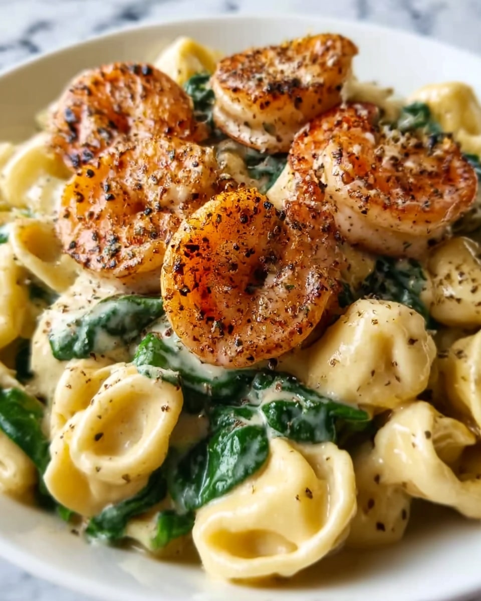 This image shows a close-up of a white plate filled with creamy tortellini pasta mixed with spinach leaves. On top, there are several grilled shrimp that are lightly browned with visible grill marks and a sprinkling of black pepper and herbs. The tortellini are coated with a smooth, creamy sauce that looks rich and shiny. The spinach adds a bright green contrast to the pale yellow pasta. The shrimp are arranged in a semi-circle on top of the pasta. The background is a white marbled surface. Photo taken with an iphone --ar 4:5 --v 7