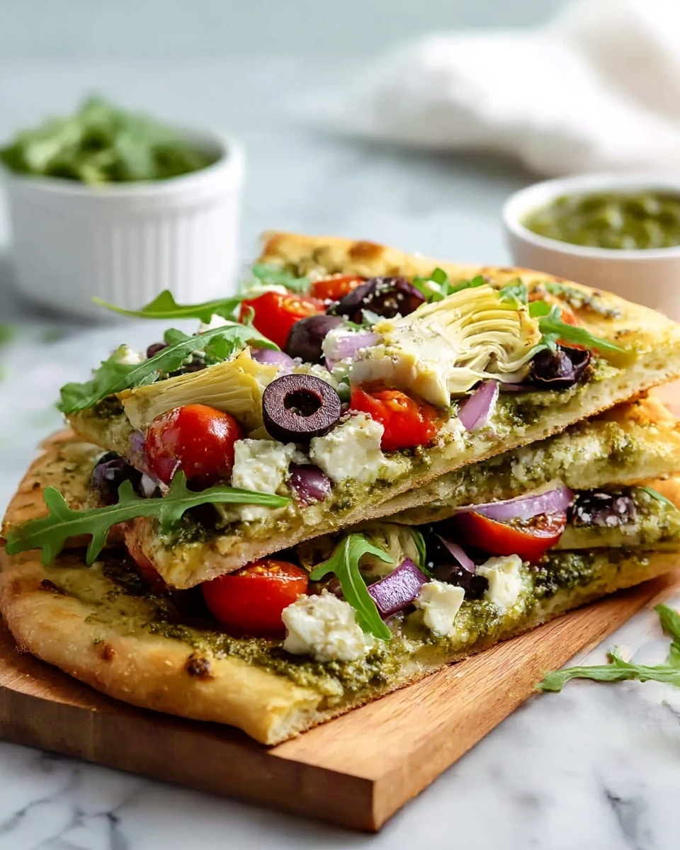 The image shows a stack of three flatbread slices with a thick, golden-brown crust, resting on a wooden board over a white marbled surface. Each slice is topped with a green pesto sauce spread unevenly, chunks of creamy white cheese, bright red halved cherry tomatoes, sliced black olives, thin slices of pale yellow artichoke hearts, and fresh green arugula leaves scattered on top. The middle slice also shows a visible layer of purple onion rings beneath the toppings. In the background, there is a small white ramekin filled with green pesto sauce and a blurred white cloth. photo taken with an iphone --ar 4:5 --v 7