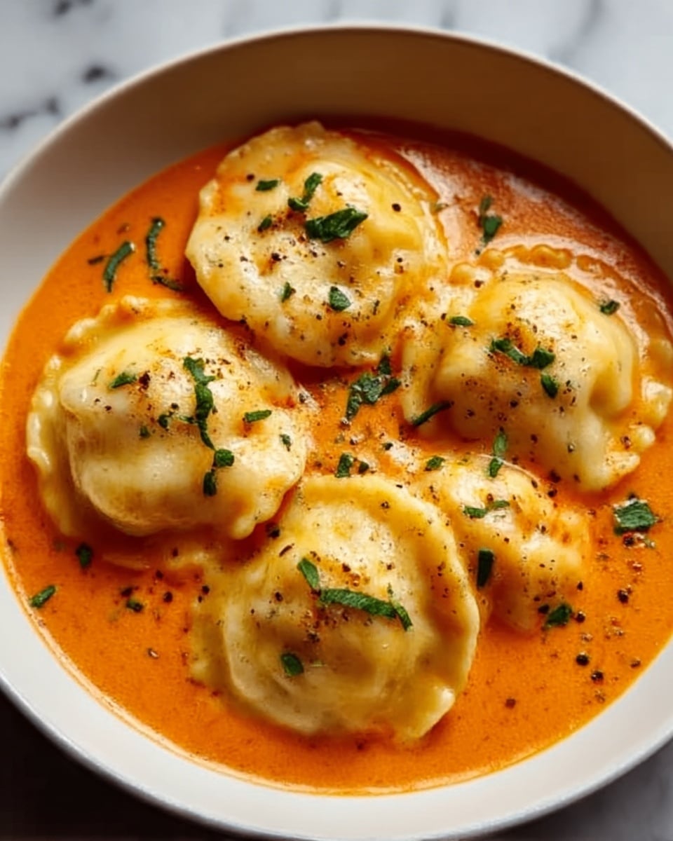 A bowl of four round, soft ravioli floating in a creamy orange tomato sauce fills the image. Each ravioli has a light yellow, slightly wrinkled pasta skin with hints of melted cheese bubbling on top. Small chopped green herbs and a dash of black pepper are sprinkled over the ravioli and sauce. The bowl is white with a smooth edge, placed on a white marbled surface. The sauce has a thick, creamy texture with a warm orange color surrounding the ravioli evenly. Photo taken with an iphone --ar 4:5 --v 7
