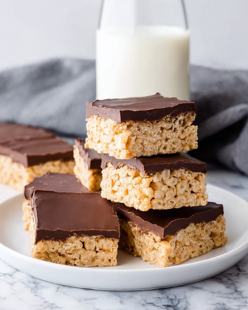 The image shows a stack of five square treats on a white plate, each with two clear layers: the bottom layer is light golden brown and crispy with a puffed texture from rice cereal, and the top layer is a smooth, shiny dark chocolate coating. The squares are neatly cut, stacked with some pieces leaning against each other, and in the background there is a tall glass of milk and a gray cloth on a white marbled surface. photo taken with an iphone --ar 4:5 --v 7