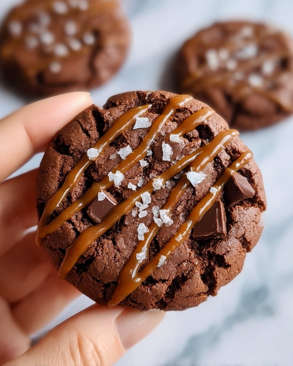 A close-up image of a single round chocolate cookie held between the fingers of a woman's hand, with a cracked dark brown surface showing a soft texture inside. The cookie has three diagonal lines of glossy caramel sauce drizzled on top, and small chunks of melted chocolate embedded in the surface. Scattered flakes of white sea salt add a contrast in texture and color. In the blurred background, two more similar cookies rest on a surface with a white marbled texture. photo taken with an iphone --ar 4:5 --v 7
