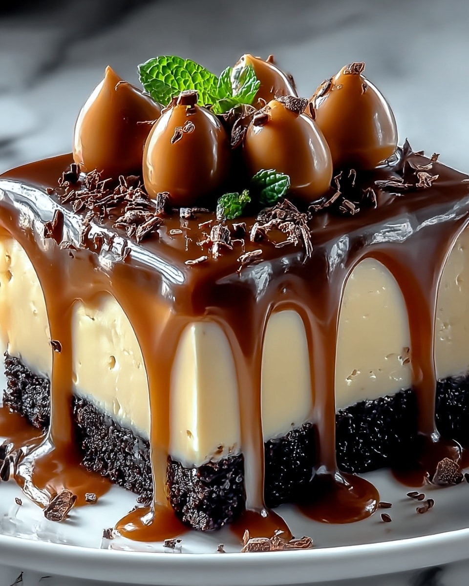 A three-layer square dessert is shown with the bottom layer being a dark, crumbly chocolate crust, the middle layer a smooth, creamy beige filling, and the top covered with rich, glossy caramel sauce dripping down the sides. On top, there are five rounded caramel dollops arranged in a small cluster, sprinkled with fine dark chocolate shavings and accented by a small green mint leaf in the center. The dessert sits on a white plate against a white marbled texture background. photo taken with an iphone --ar 4:5 --v 7
