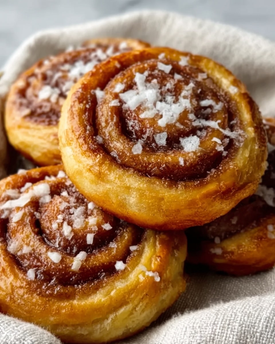 The image shows a close-up of three round cinnamon rolls with a golden-brown crust, arranged closely together. Each roll has visible swirls of darker brown cinnamon sugar filling layered within soft, fluffy, yellowish dough. The tops of the rolls are sprinkled with coarse white salt crystals, adding texture and contrast. The rolls rest on a soft beige cloth, all set on a white marbled background. photo taken with an iphone --ar 4:5 --v 7