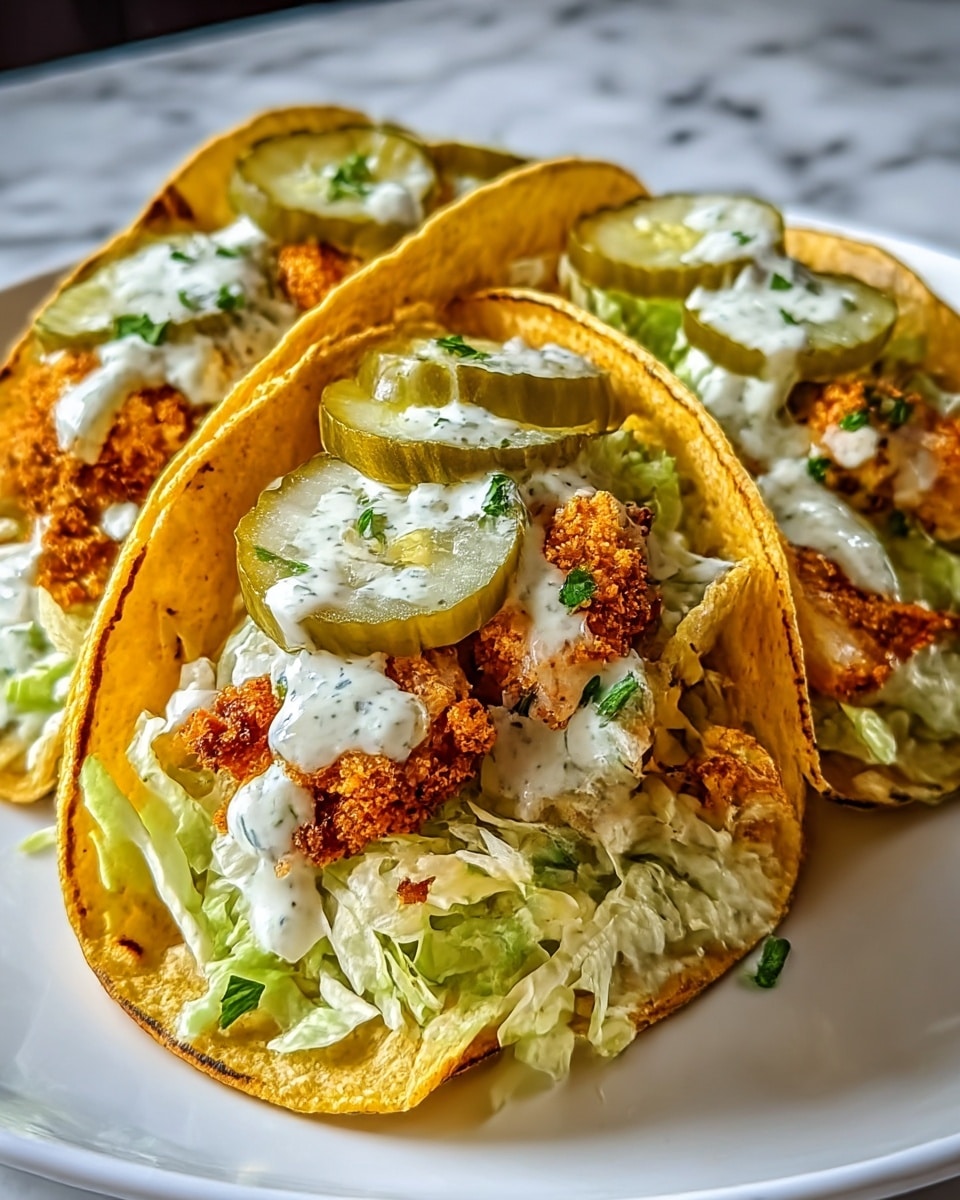 Three tacos are placed closely side by side on a white plate, set on a white marbled surface. Each taco has a soft yellow corn tortilla with slight charring and a folded shape. Inside, there is a base layer of shredded pale green lettuce filling the bottom. On top of the lettuce, there are thick slices of green pickles. Crispy golden-brown fried chicken pieces form the next layer, showing a crunchy texture with some darker fried spots. Drizzled over the chicken is a creamy white sauce with green herb specks. Small green herb leaves are sprinkled lightly as garnish on the sauce. Photo taken with an iphone --ar 4:5 --v 7