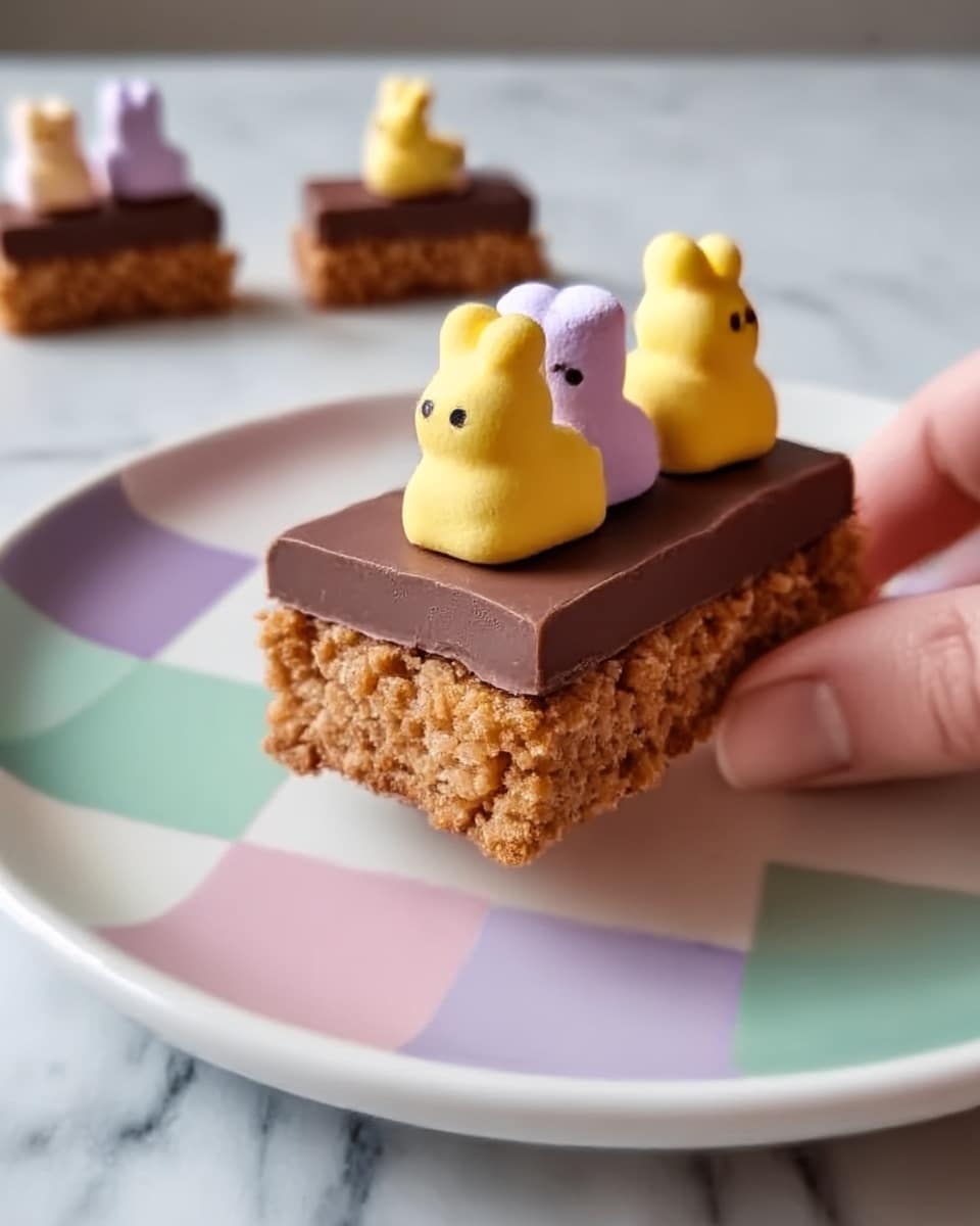 The image shows a sweet treat shaped like a small car with three layers. The bottom layer is a crumbly, crunchy brown base that looks like cookie bits. On top of this is a thick, smooth layer of dark brown chocolate. Sitting on the chocolate are three pastel-colored marshmallows shaped like animals, with two yellow ones in the middle and a purple one on the left side. The treat is placed on a white plate with pastel-colored squares in pink, green, purple, and yellow. A woman's hand is gently holding one side of the treat. The background is a white marbled surface. Photo taken with an iphone --ar 4:5 --v 7
