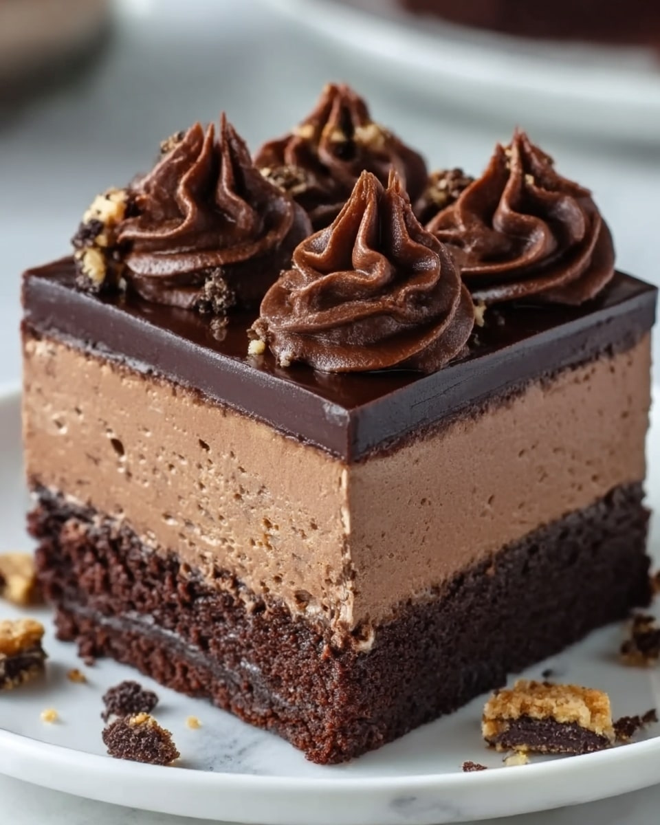 A slice of layered chocolate dessert on a white plate, featuring three distinct layers: a bottom dark, dense chocolate base, a middle lighter milk chocolate mousse layer with small chocolate crumbs mixed in, and a glossy dark chocolate ganache on top. The top layer is decorated with three swirls of rich chocolate frosting, slightly pointed and textured, and sprinkled with crushed chocolate cookie pieces. The plate rests on a white marbled surface in soft lighting. Photo taken with an iphone --ar 4:5 --v 7