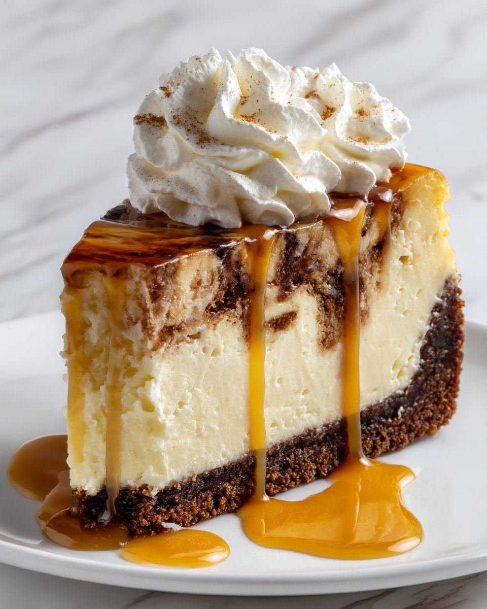 A slice of cheesecake with three visible layers sits on a white plate over a white marbled surface. The bottom layer is a thick, crumbly brown crust, the middle layer is a creamy white cheesecake, and the top layer is a cinnamon-colored swirl. On top, there is a large dollop of white whipped cream, and caramel sauce is drizzled over the whipped cream, cheesecake, and plate, creating glossy golden streams. The background is softly blurred, making the dessert the clear focus. Photo taken with an iphone --ar 4:5 --v 7