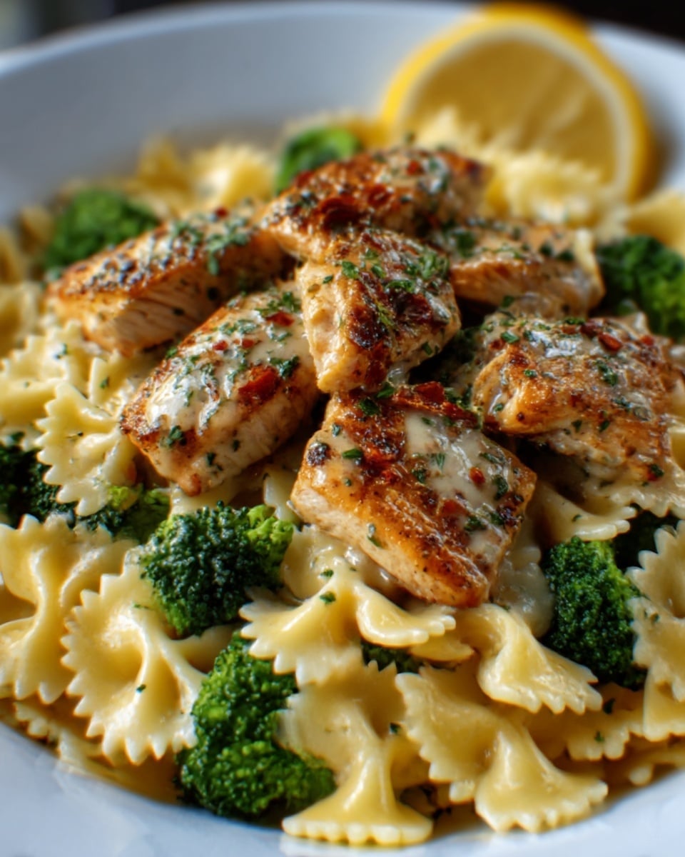 The image shows a close-up of a white plate filled with bowtie pasta mixed with bright green broccoli florets around the edges. On top of the pasta, there are several pieces of cooked chicken breast with a golden-brown color and a slightly crispy texture, sprinkled with herbs and small bits of red seasoning. The pasta has a light cream sauce that gives it a shiny look, and the broccoli adds fresh green contrast. The dish looks warm and hearty, arranged neatly to show all layers clearly. The background is a white marbled texture. photo taken with an iphone --ar 4:5 --v 7