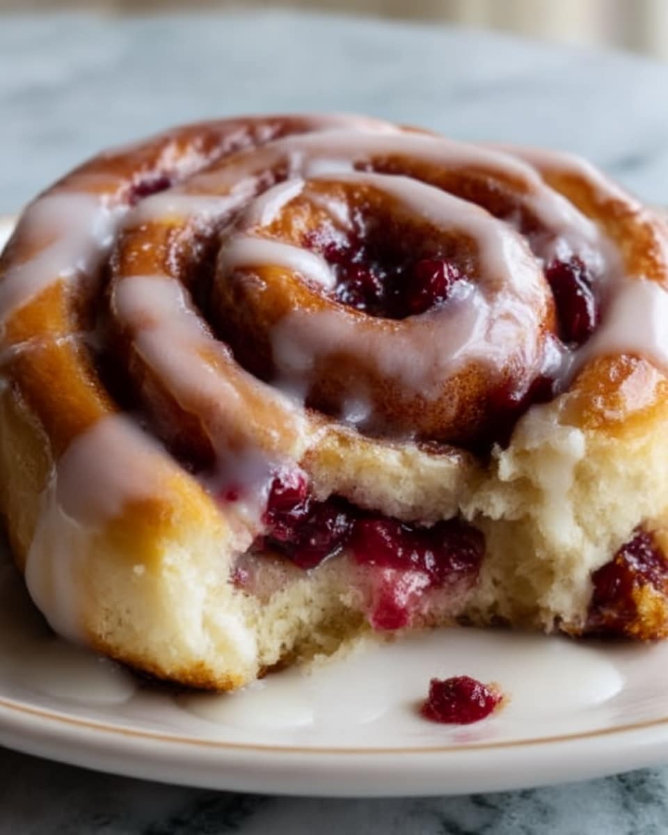 A close-up of a soft cinnamon roll with a thick layer of white icing drizzled on top, showing swirls of golden-brown dough mixed with bright red raspberry filling visible inside the layers. The roll sits on a white plate, and a woman's hand is gently pulling apart a piece, revealing the fluffy texture of the dough and juicy berry filling. The background is a white marbled surface. Photo taken with an iphone --ar 4:5 --v 7