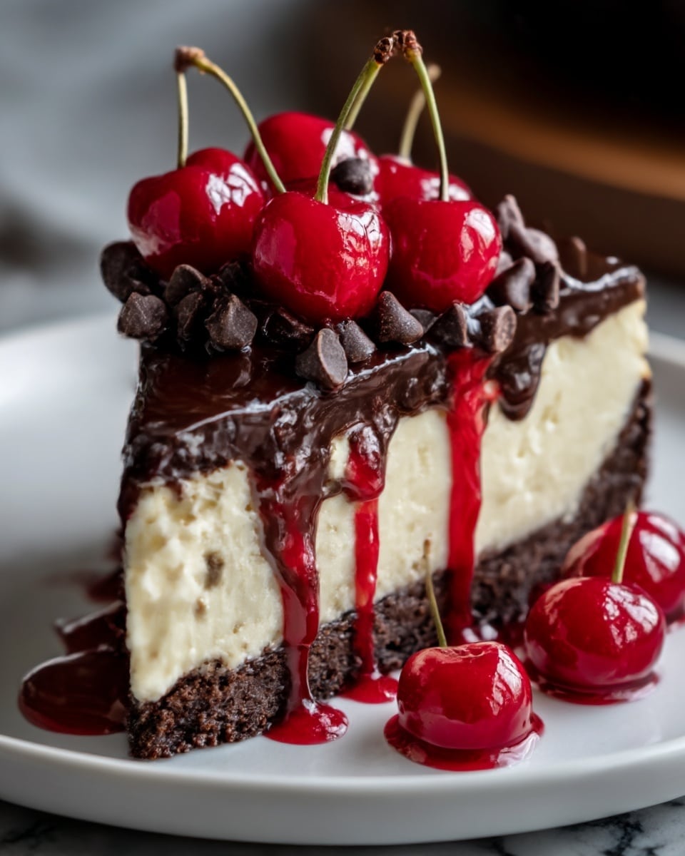The image shows a slice of cheesecake on a white plate on a white marbled surface. The cheesecake has three layers: a dark chocolate crumb base, a thick creamy white middle layer, and a glossy dark chocolate topping. On top of the chocolate layer, there are many bright red cherries with stems, some dipped in a shiny red syrup that drips down the sides. There are also small dark chocolate chips scattered over the cherries and syrup. A woman's hand holding a fork is near the plate. Photo taken with an iphone --ar 4:5 --v 7