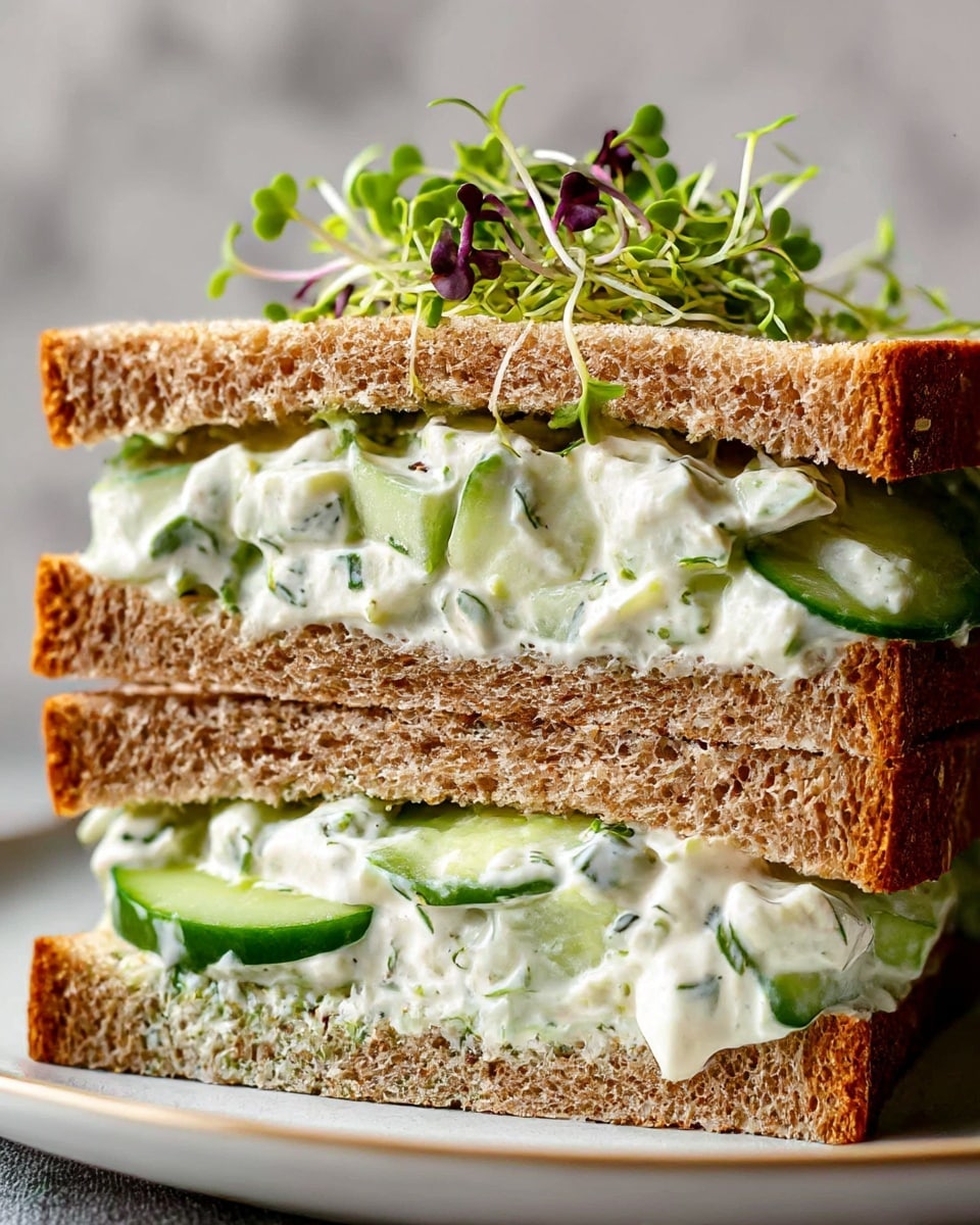 The image shows a close-up of a sandwich cut in half, stacked on a white plate. The sandwich has three layers: two slices of soft brown bread with a rough crust on top and bottom, filled with creamy cucumber salad made of thick chunks of cucumber mixed with a white creamy dressing, sprinkled with small green herbs. Fresh light green sprouts with purple tips are placed on top of the cucumber mixture, adding texture and color. The layers are thick and look fresh and crisp. The background is a white marbled texture. photo taken with an iphone --ar 4:5 --v 7