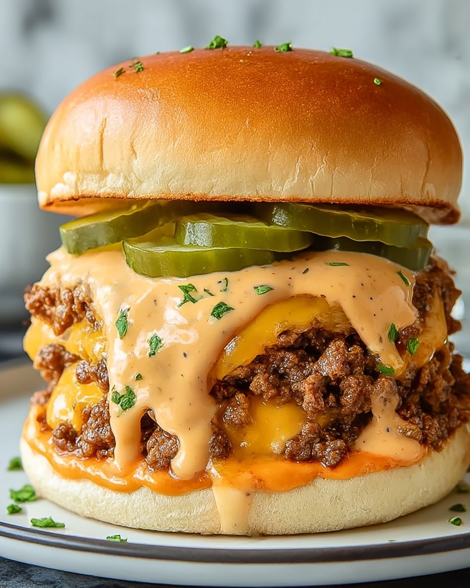 A close-up view of a thick burger with a soft golden top bun sprinkled with green chopped herbs. The burger has three main layers inside: at the bottom, a creamy orange sauce spreads over the bottom bun, above it is a thick layer of cooked ground beef mixed with melted orange cheddar cheese, and on top of the beef, a light tan sauce drizzles generously with pickle slices peeking through. The bottom and top buns are soft and slightly toasted, and the whole burger sits on a white plate with some green herbs scattered around. The background shows a blurred white marbled texture. Photo taken with an iphone --ar 4:5 --v 7