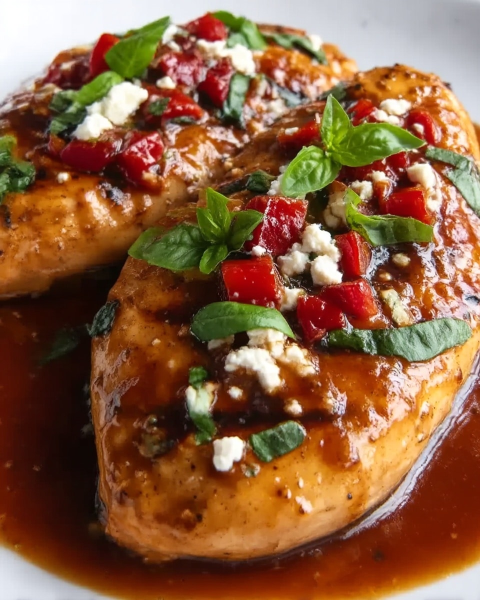 The image shows two grilled chicken breasts on a white plate with a white marbled texture surface. The chicken has a shiny, golden-brown glaze with visible char marks, covered in a dark brown sauce pooling around the base. On top of the chicken, there are small white crumbles of cheese, bright red bits of dried cranberries, and fresh green basil leaves scattered evenly, adding color and texture contrast. The chicken looks juicy and well-cooked with a smooth, slightly bumpy texture from the glaze. Photo taken with an iphone --ar 4:5 --v 7