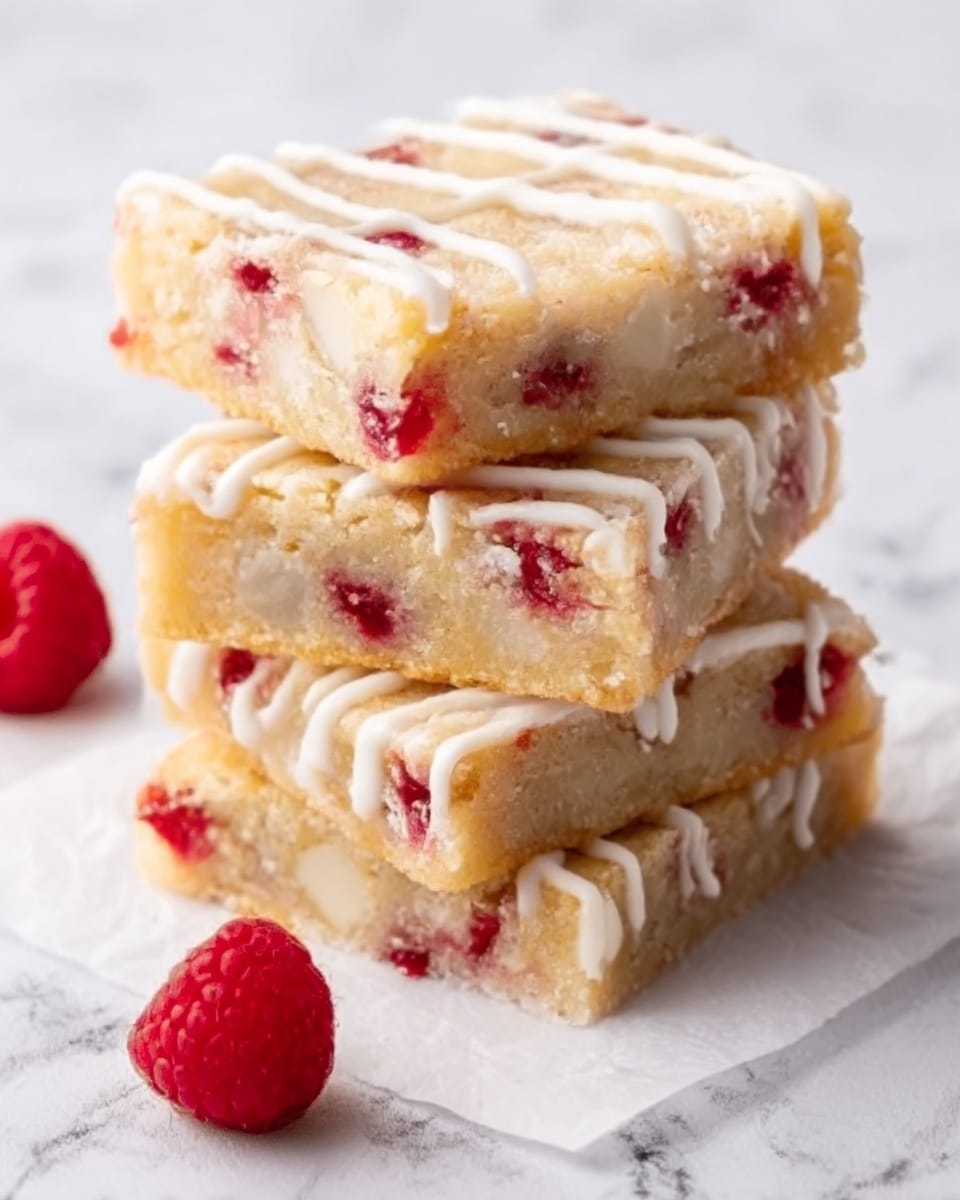 The image shows three stacked dessert bars on a white parchment paper, placed on a white marbled surface. The bars have a creamy, light beige base with swirls of bright red fruit, likely raspberries, mixed throughout. A thin, white glaze is drizzled on top in diagonal lines, adding a glossy texture. The bars have soft, slightly uneven edges, indicating they are homemade. A fresh raspberry is placed next to the stack for decoration. Photo taken with an iphone --ar 4:5 --v 7