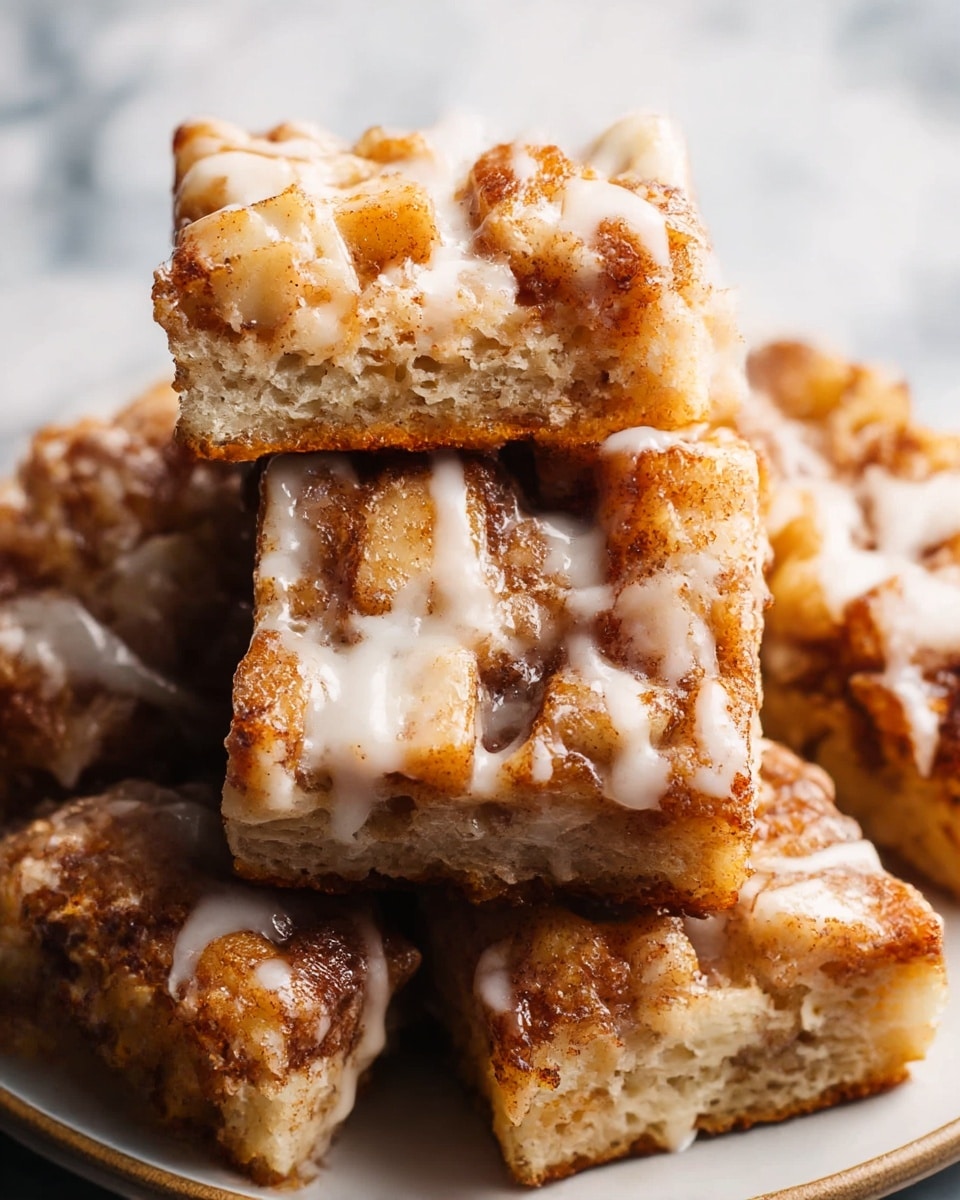 The image shows several square pieces of cinnamon roll pastry stacked on a white plate. Each piece has a thick base layer of soft, golden-brown dough, topped with a textured layer of cinnamon and sugar-coated chunks that create a rough, bumpy surface. A shiny, white glaze is unevenly drizzled over each piece, adding a glossy finish to the cinnamon-covered top. The background features a white marbled surface that adds a clean contrast to the warm colors of the pastry. photo taken with an iphone --ar 4:5 --v 7