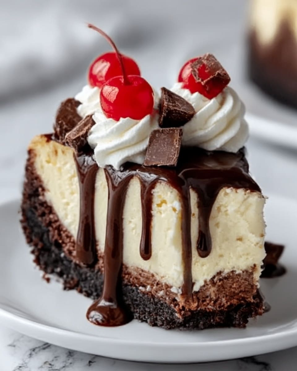 A slice of layered cheesecake sits on a white plate with a white marbled surface beneath it. The bottom layer is dark chocolate crust, followed by a thick creamy white cheesecake layer with some brown swirls inside. On top, there is a rich chocolate drizzle that flows down the sides, with small chunks of dark chocolate scattered over it. Two dollops of white whipped cream sit on top, each topped with a bright red cherry with stems. The background is softly blurred. Photo taken with an iphone --ar 4:5 --v 7