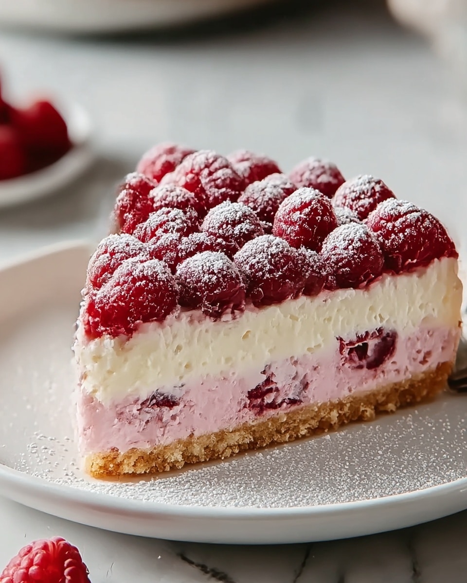 A slice of raspberry cream dessert sits on a white plate with a slight brown rim, placed on a white marbled surface. The dessert has four visible layers: the bottom layer is a light brown crumbly crust, above it is a thick pale pink creamy layer with whole raspberries embedded inside, followed by a thick white creamy layer, and the top layer is decorated with whole fresh red raspberries dusted lightly with white powdered sugar. The dessert edges are slightly uneven, showing the soft texture of the cream layers, and the powdered sugar adds a fine, snowy detail on top. Photo taken with an iphone --ar 4:5 --v 7