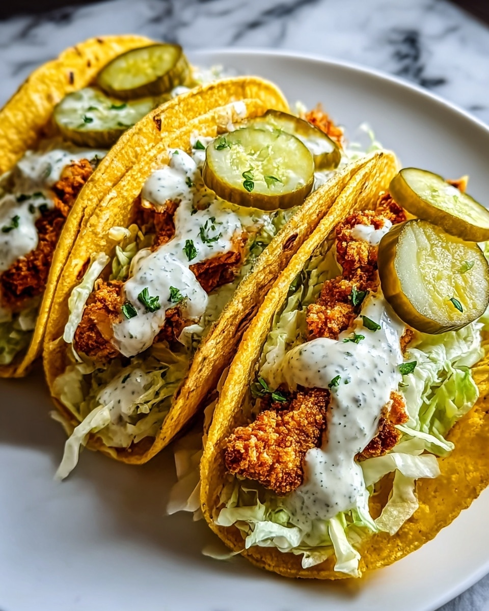 Three tacos arranged side by side on a white plate with a white marbled surface below. Each taco has three main layers: the bottom layer is light green shredded lettuce, topped with a crispy golden-brown fried chicken strip with a rough crunchy texture, then thick slices of green pickles placed near the center. The tacos are drizzled with white creamy sauce with green herbs scattered over the top. The tortillas are yellow with browned char marks, folded around the filling to create a soft shell. Photo taken with an iphone --ar 4:5 --v 7