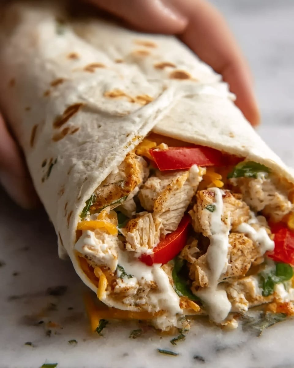 A close-up of a wrapped tortilla filled with several layers: the bottom layer is diced grilled chicken pieces with a light golden color, followed by slices of red bell pepper adding a bright red touch. On top, there is shredded cheddar cheese showing an orange hue scattered evenly. Drizzled white sauce covers parts of the filling, giving a creamy texture. The wrap is slightly toasted, showing small brown spots, and the background is a white marbled texture. photo taken with an iphone --ar 4:5 --v 7