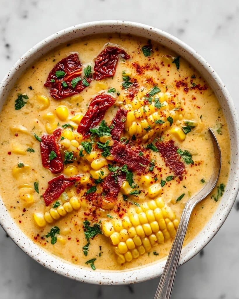 Sun Dried Tomato Corn Chowder with Goat Cheese Croutons Recipe