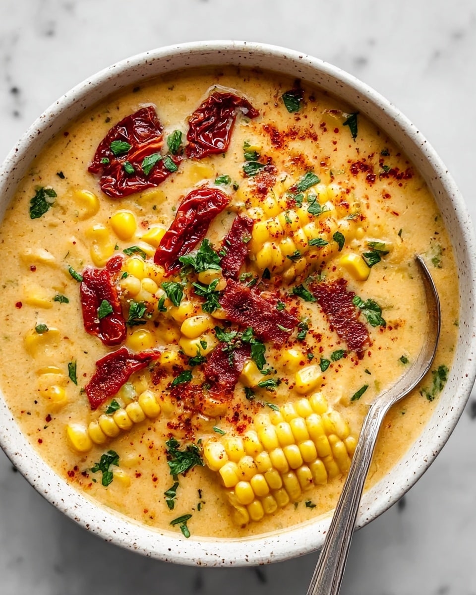 Sun Dried Tomato Corn Chowder with Goat Cheese Croutons Recipe