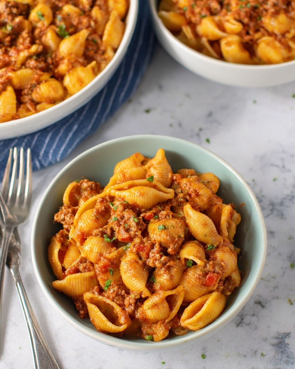 A white bowl filled with three layers of shell pasta mixed in a thick meat sauce; the pasta is a warm golden yellow, lightly shiny, with a smooth curved texture, and the meat sauce is rich brown with bits of ground meat and small pieces of red tomato, evenly mixed throughout the pasta, garnished with small green herb pieces for a fresh look. The bowl sits on a white marbled surface, with part of another bowl and a white and blue striped cloth visible nearby. Photo taken with an iphone --ar 4:5 --v 7