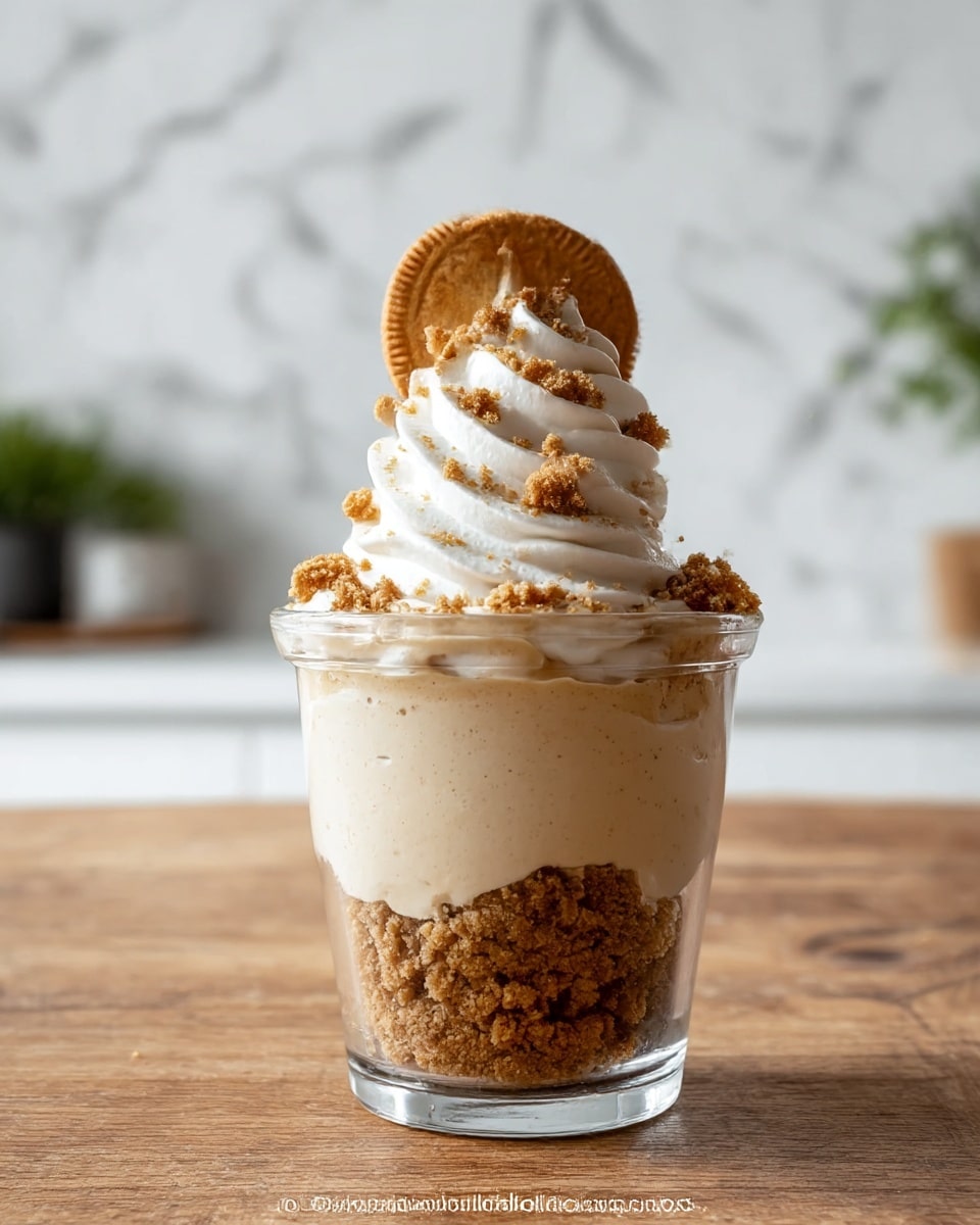 A clear glass cup shows a dessert with three layers: the bottom layer is crumbly light brown cookie crumbs, the middle layer is smooth, creamy off-white filling, and the top layer is thick swirled white whipped cream sprinkled with more crumbly cookie crumbs. A round brown cookie with a floral and circular pattern is placed upright in the whipped cream at the top center. The cup rests on a wooden surface, with a blurred kitchen background featuring windows and plants. photo taken with an iphone --ar 4:5 --v 7
