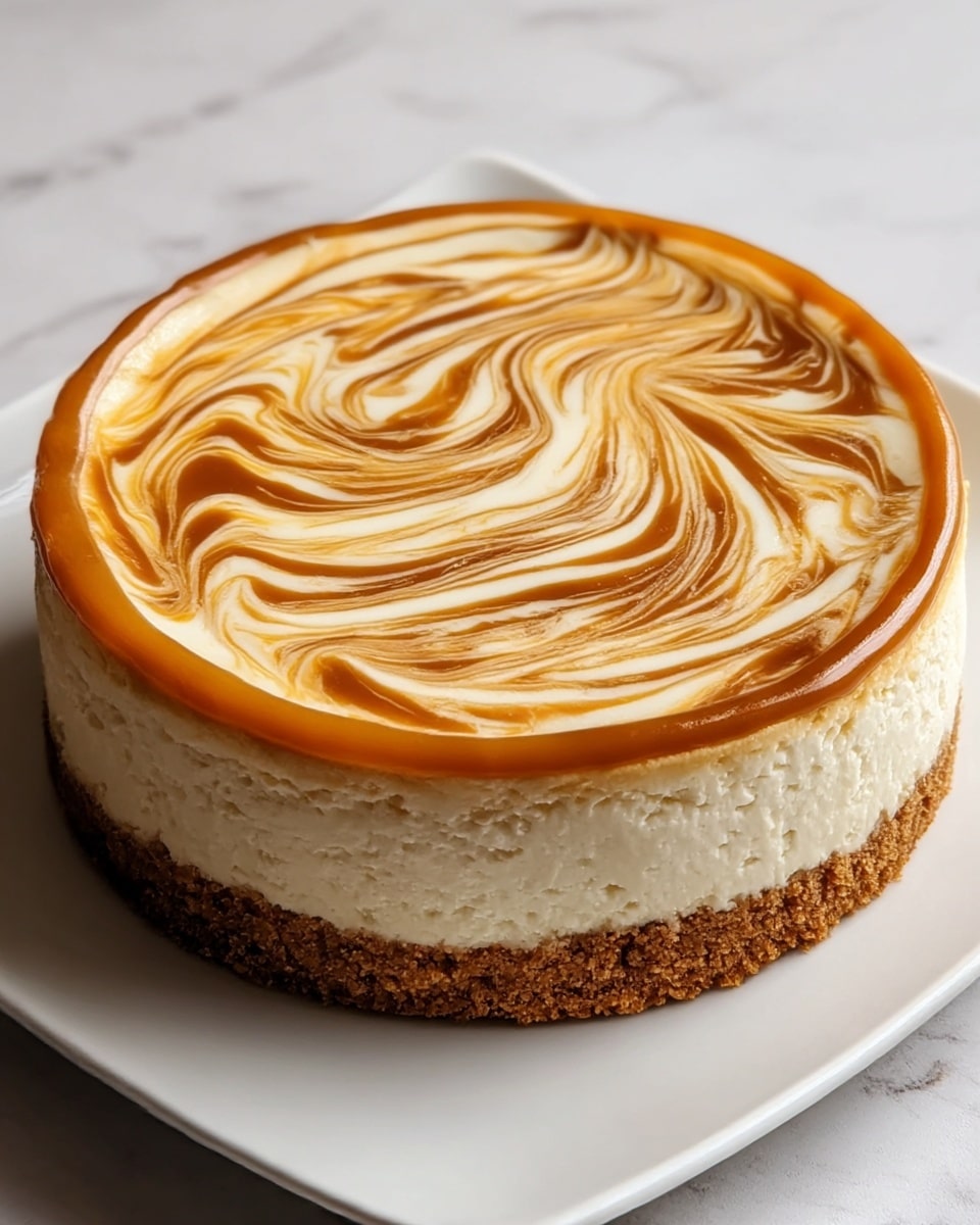 A round cheesecake with three distinct layers is shown on a white plate against a white marbled background. The bottom layer is a dark brown crumbly crust that looks firm but has a slightly rough texture. The middle layer is thick and creamy with a smooth pale beige color. The top layer features a glossy caramel swirl pattern mixed into a smooth white cream, creating a flowing, wavy design that covers the entire surface. The edges are clean and the cheesecake looks rich and inviting. photo taken with an iphone --ar 4:5 --v 7