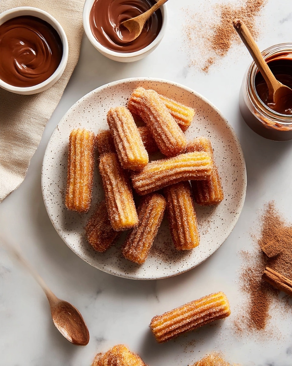 A white speckled round plate holds about twelve small churros, each one golden brown with ridges and coated in a layer of cinnamon sugar, giving them a slightly grainy texture and a warm amber color. Three churros rest beside the plate on a white marbled surface, also dusted with cinnamon sugar. To the top left of the plate, there is a white speckled bowl filled with smooth, glossy chocolate sauce along with a wooden spoon coated in some sauce. On the top right, a clear glass jar holds more glossy chocolate sauce with a silver spoon inside. A light beige cloth and a wooden spoon lay on the lower left corner, adding a cozy touch, while a small stack of cinnamon sticks can be seen on the right side. The whole scene is bright and softly lit, emphasizing the warm tones of the churros and the rich brown of the chocolate sauce. photo taken with an iphone --ar 4:5 --v 7