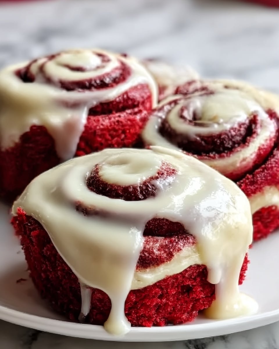 The image shows a close-up of six red velvet cinnamon rolls arranged closely together on a white marbled surface, each swirl layer clearly visible with deep red dough and smooth white cream cheese frosting generously spread on top, slightly dripping down the sides, giving a soft and moist texture look. The cinnamon rolls have a spiral shape with a rich red color, and the frosting is thick and creamy, contrasting nicely with the red dough beneath. The photo taken with an iphone --ar 4:5 --v 7
