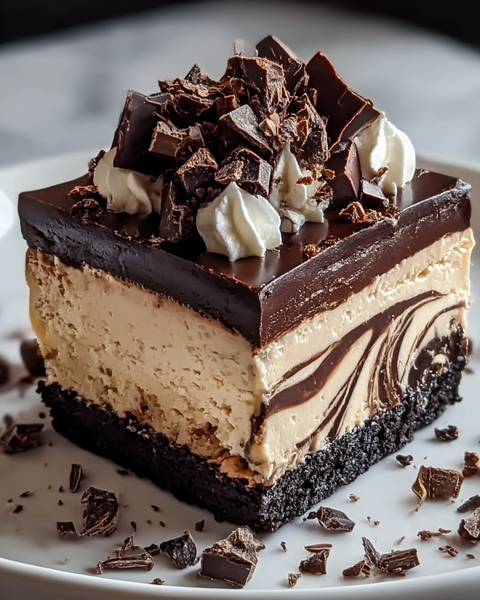 A thick slice of layered chocolate cheesecake sits on a white plate, placed on a white marbled surface. The bottom layer is a dark, crumbly chocolate crust. Above it is a creamy beige cheesecake layer with visible dark chocolate drip swirls. The top layer is a smooth, glossy chocolate ganache. On top, there is a decoration of whipped cream dollops, dark chocolate chunks, and thin chocolate shavings scattered around both on top of and beside the slice. The overall look is rich and dense with a mix of creamy and crunchy textures. photo taken with an iphone --ar 4:5 --v 7